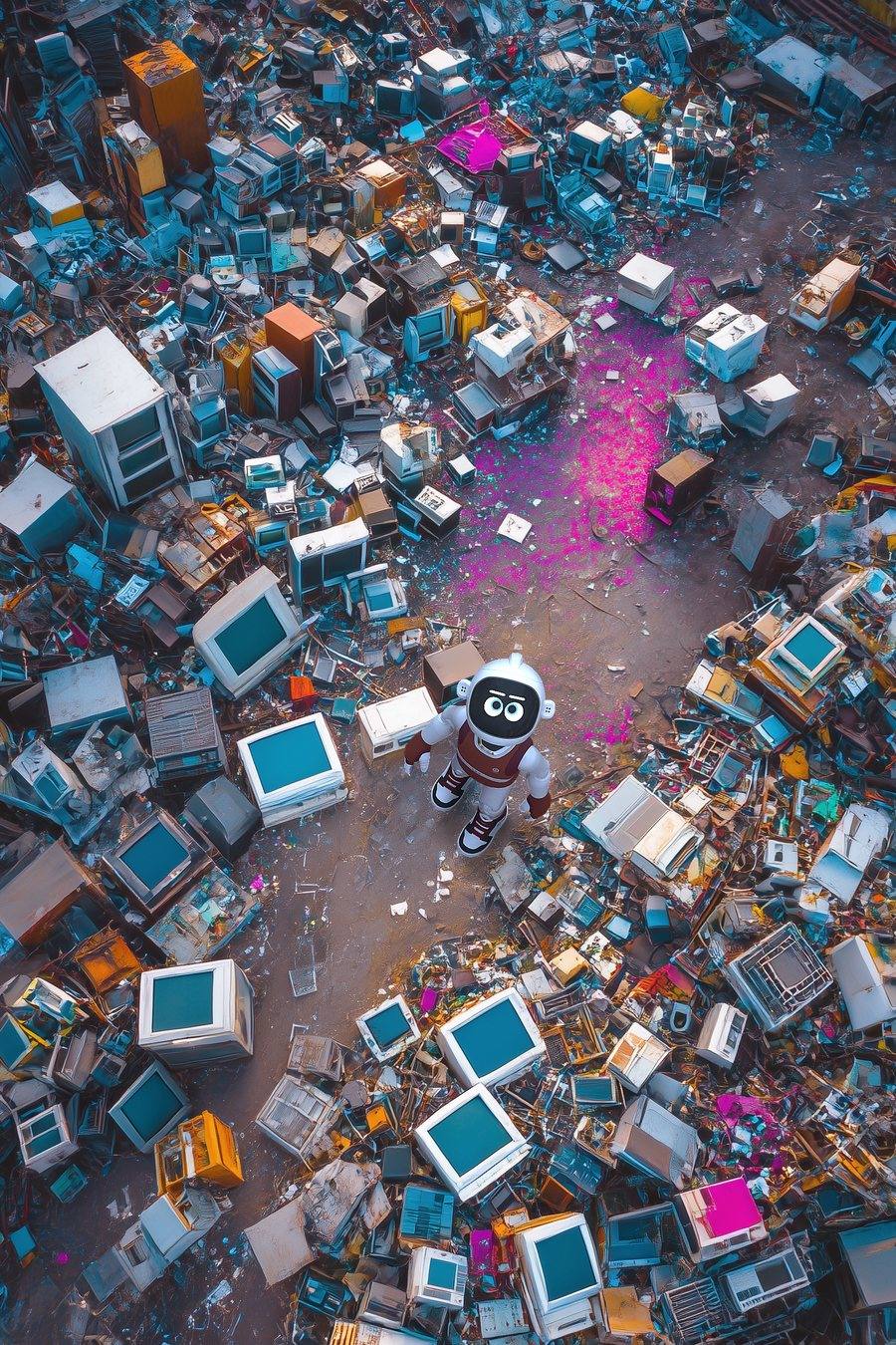 MONO MARS: ORIGIN Part I — EARTH key art, the robot standing in a field of discarded technology